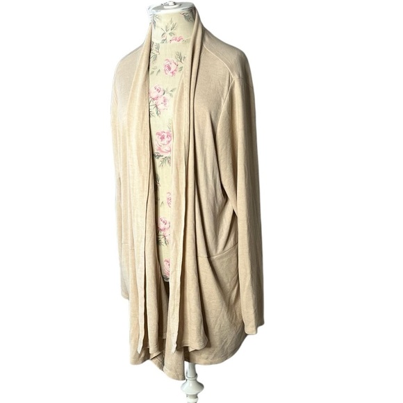 LOGO Lounge Duster Cardigan long length, beige, plus size, cozy travel size 2X - Picture 4 of 16